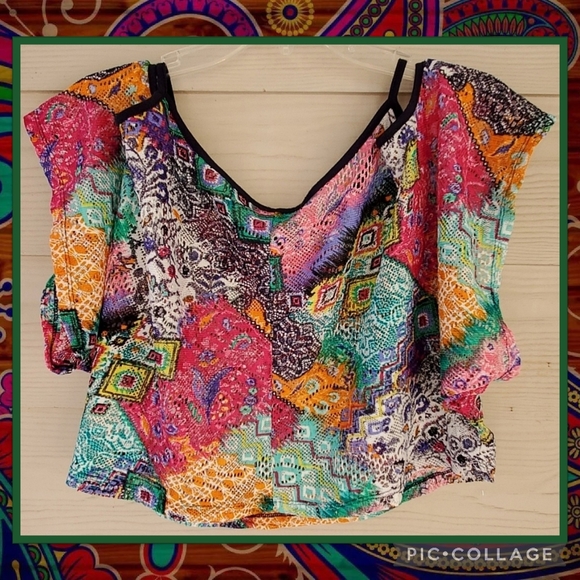 ALMOST FAMOUS Eclectic Graphic Woven Multicolored Cold-shoulder Boho Crop Top - Picture 13 of 13